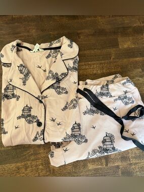 Soma Pink Birdcage-Print 2pc Pajama Set with Black Trim